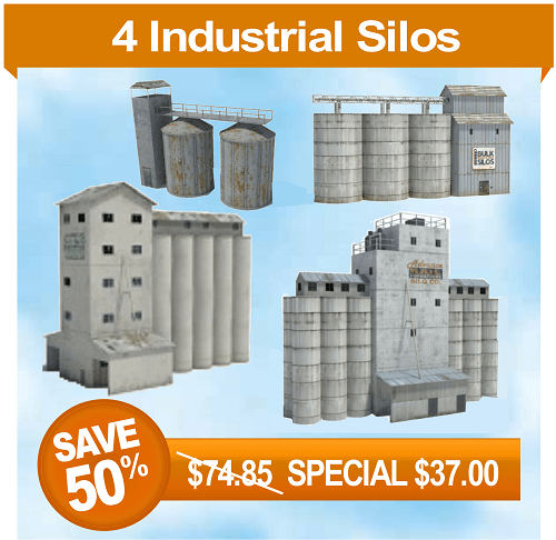 construct 4 industrial silos from scale paper models