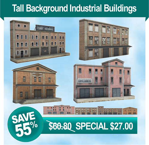 4 model railroad buildings for backdrops and backgrounds scenes