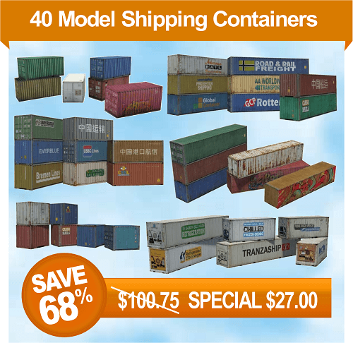 40 model shipping containers - oo gauge, n, ho scale railroads
